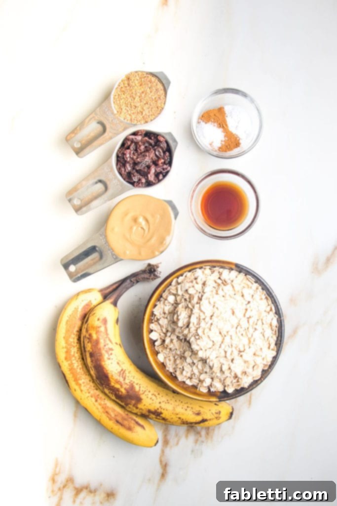 Speedy 15-Minute Oatmeal Raisin Delights 4 A vibrant display of fresh, clean ingredients: ripe bananas, rolled oats, creamy peanut butter, juicy raisins, flax meal, warm spices, and a hint of vanilla.