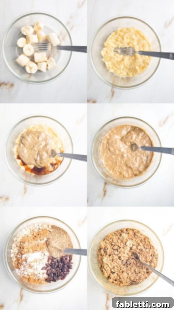 Speedy 15-Minute Oatmeal Raisin Delights 5 Step-by-step imagery showing the mixing process of oatmeal cookie batter, from mashing ripe bananas to the finished, ready-to-scoop dough.