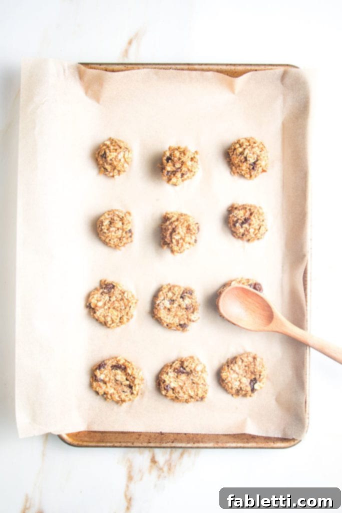 Speedy 15-Minute Oatmeal Raisin Delights 7 A close-up shot of uncooked oatmeal raisin cookie dough portions on a parchment-lined baking sheet, ready for the oven.