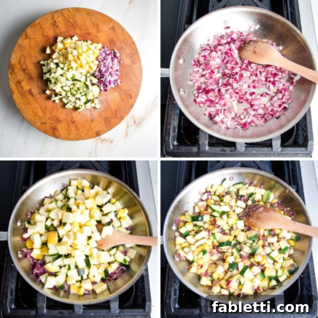 Hearty Plant-Based Enchilada Bake 5 Onions, zucchini and squash saute for vegan enchilada casserole.