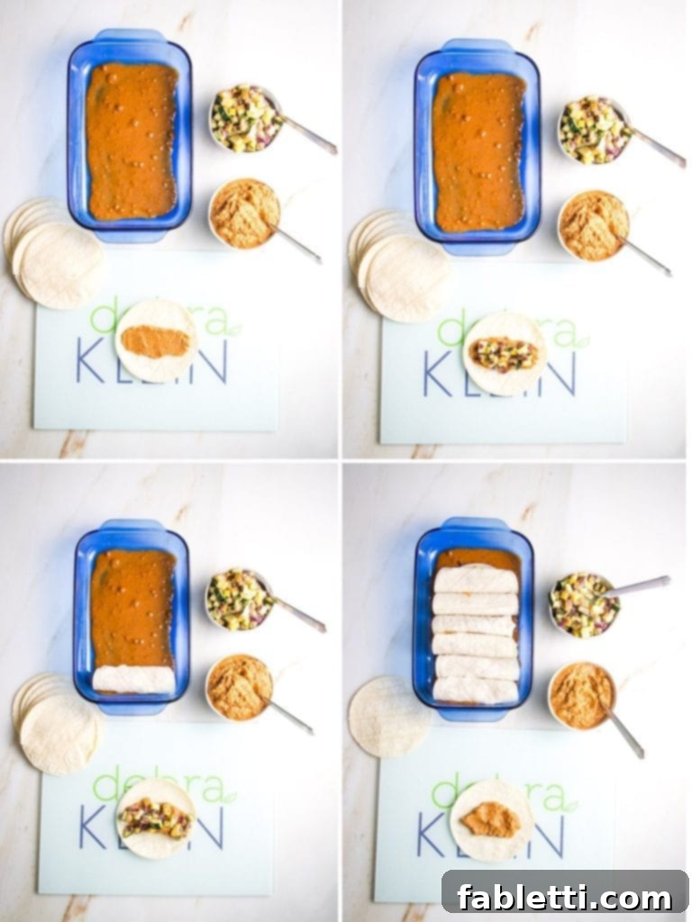 Hearty Plant-Based Enchilada Bake 7 Step by step, building enchiladas. Sauce, spread, fill, roll, sauce.