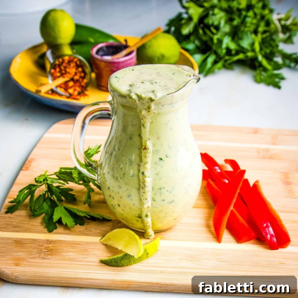 A sleek pitcher filled with vibrant green tahini sauce, artfully dripping over the edge onto a rustic wooden board adorned with an array of colorful, freshly cut vegetables, inviting a delicious dip.