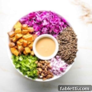 Vibrant Vegan Lentil Medley 16 Vegan Lentil Salad with colorful ingredients arranged around a small dish of dressing.