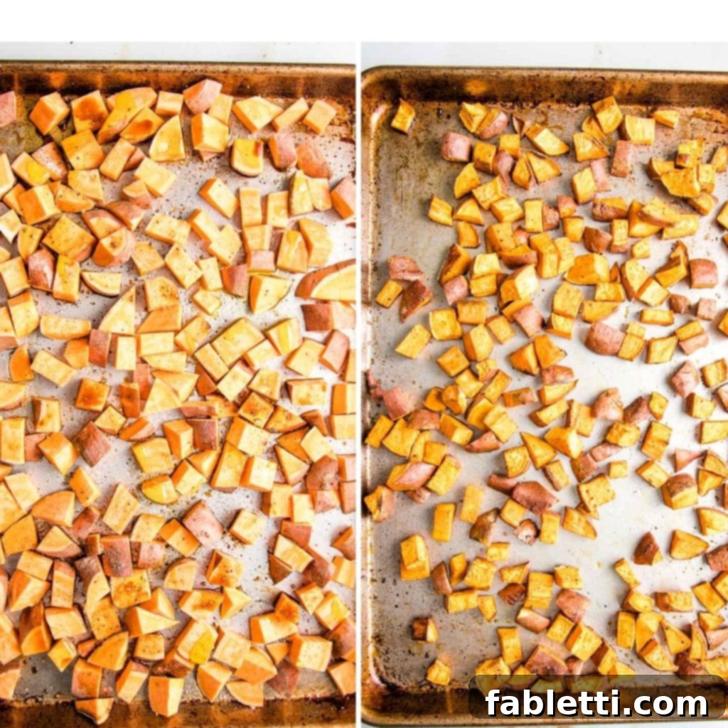 Vibrant Vegan Lentil Medley 4 Before and after roasting: cubes of sweet potatoes on a rimmed baking tray.