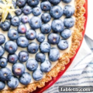 Homemade Blueberry Tart Perfection 12 Close-up of a blueberry tart slice with creamy filling on a bright red cake stand.