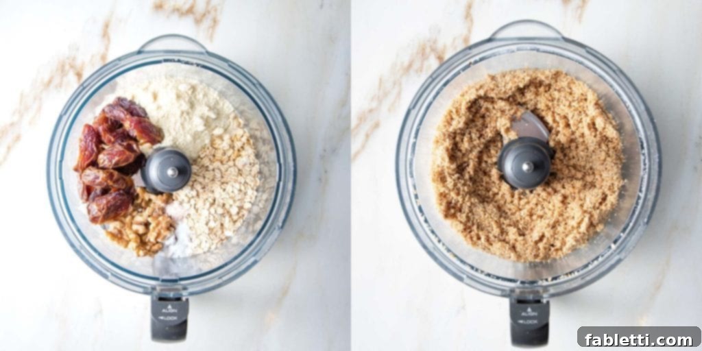 Homemade Blueberry Tart Perfection 6 A food processor bowl filled with the crumbly mixture for the vegan and gluten-free tart crust, ready to be pressed into a pan.