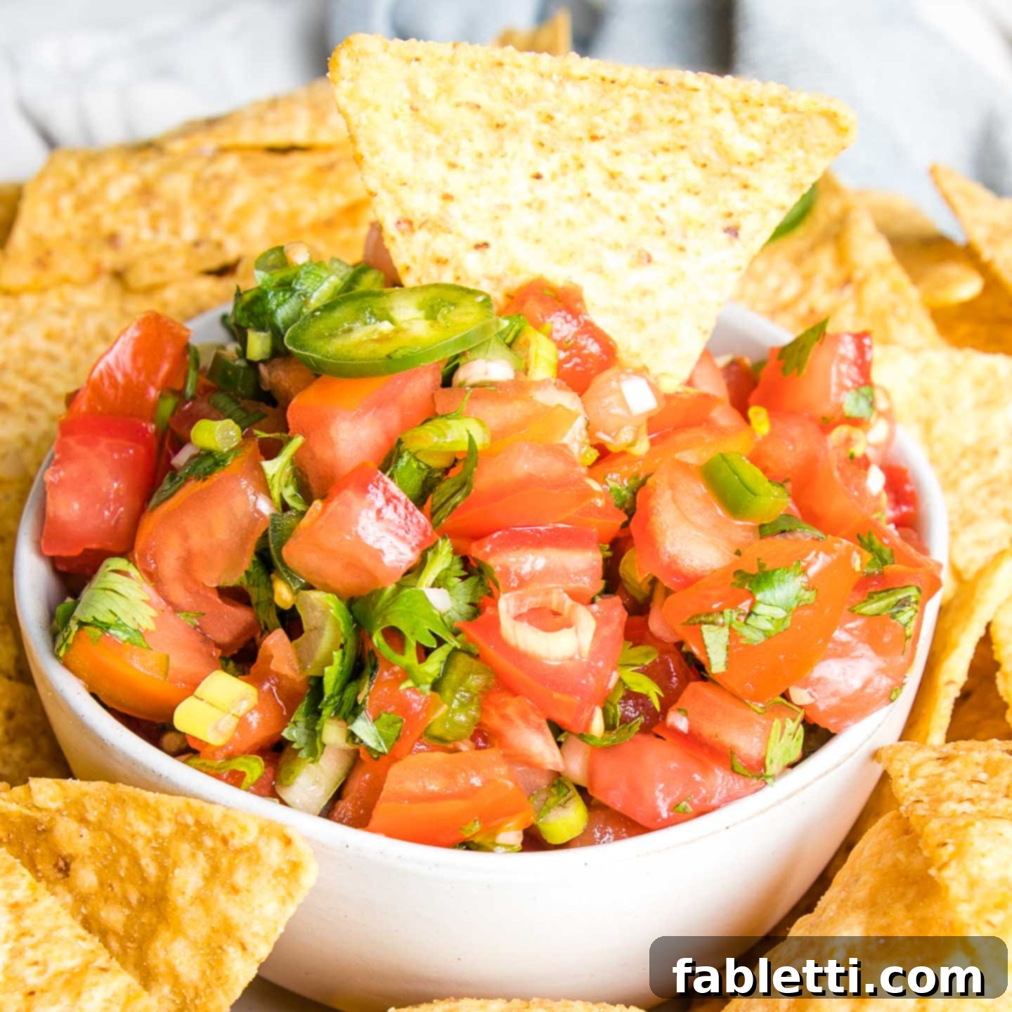 Vibrant Chunky Tomato Salsa 2 Chunks of fresh tomatoes, scallions, jalapenos and cilantro in a white bowl, being scooped up by a yellow corn tortilla chip.