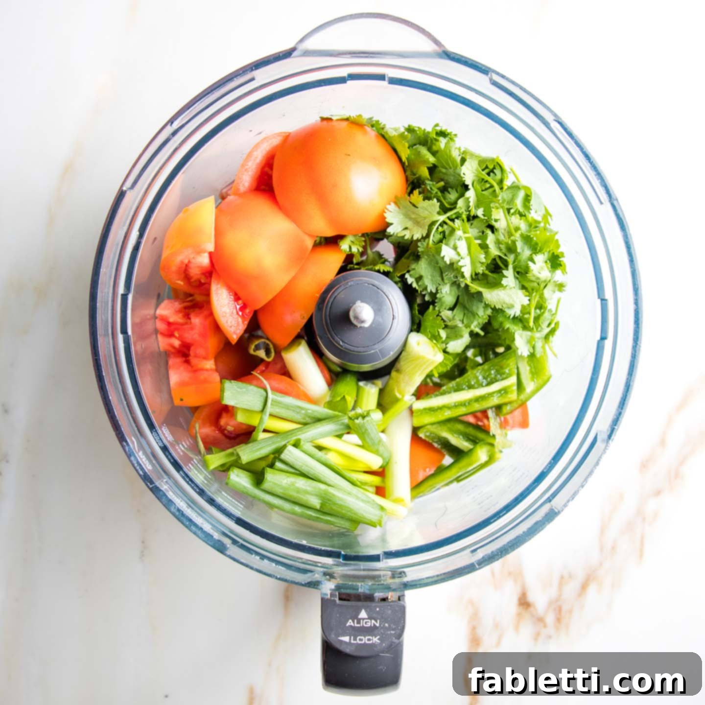 Vibrant Chunky Tomato Salsa 4 Fresh ingredients being added to a food processor for salsa.