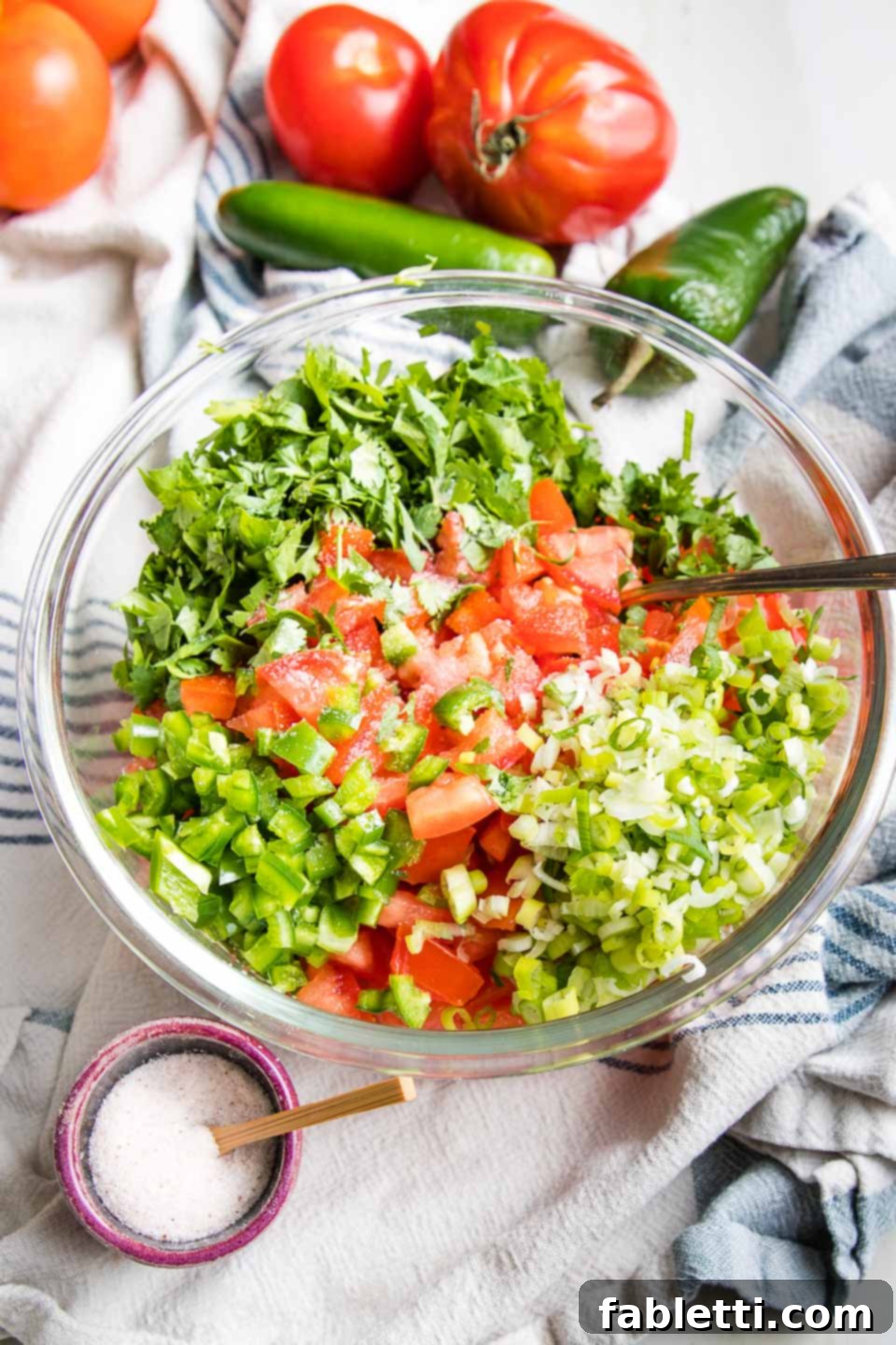 Vibrant Chunky Tomato Salsa 9 Chopped tomatoes, jalapenos, scallions and cilantro in a glass bowl with a small dish of salt and more raw veggies around it.