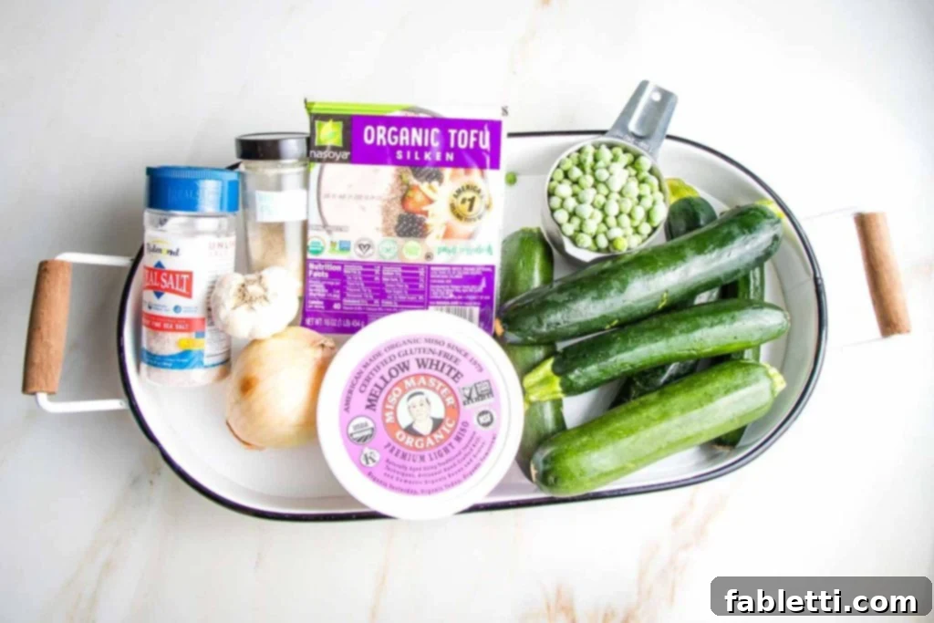 Velvety Zucchini Soup 4 Ingredients for zucchini soup: miso paste, silken tofu, spices, zucchini, onion.