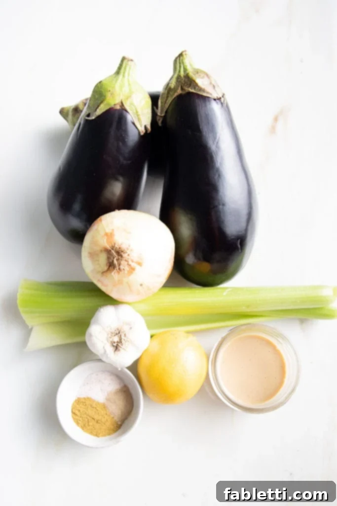Velvety Roasted Garlic and Tahini Baba Ganoush 3 Eggplant, Onion, Celery, Garlic, Lemon, Tahini and spices for Baba Ganoush