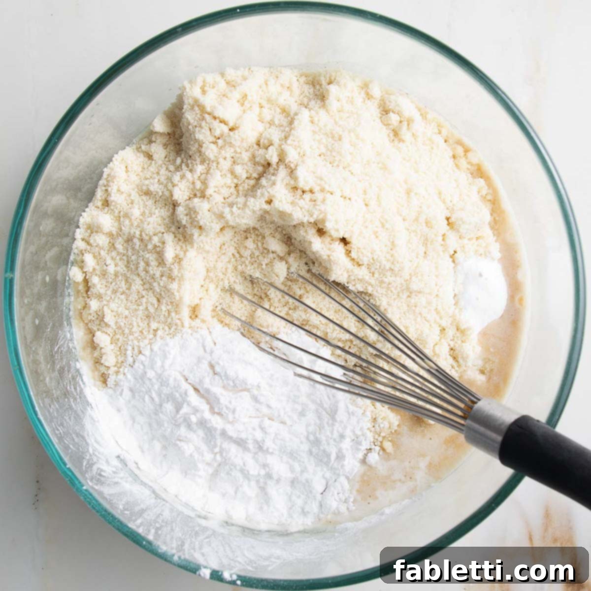 Almond flour, arrowroot powder, and baking powder carefully measured on top of the wet ingredients for the cobbler topping.
