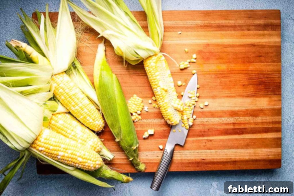 Zesty Vegan Elote 5 Cutting fresh corn off the cob...husks pushed up.