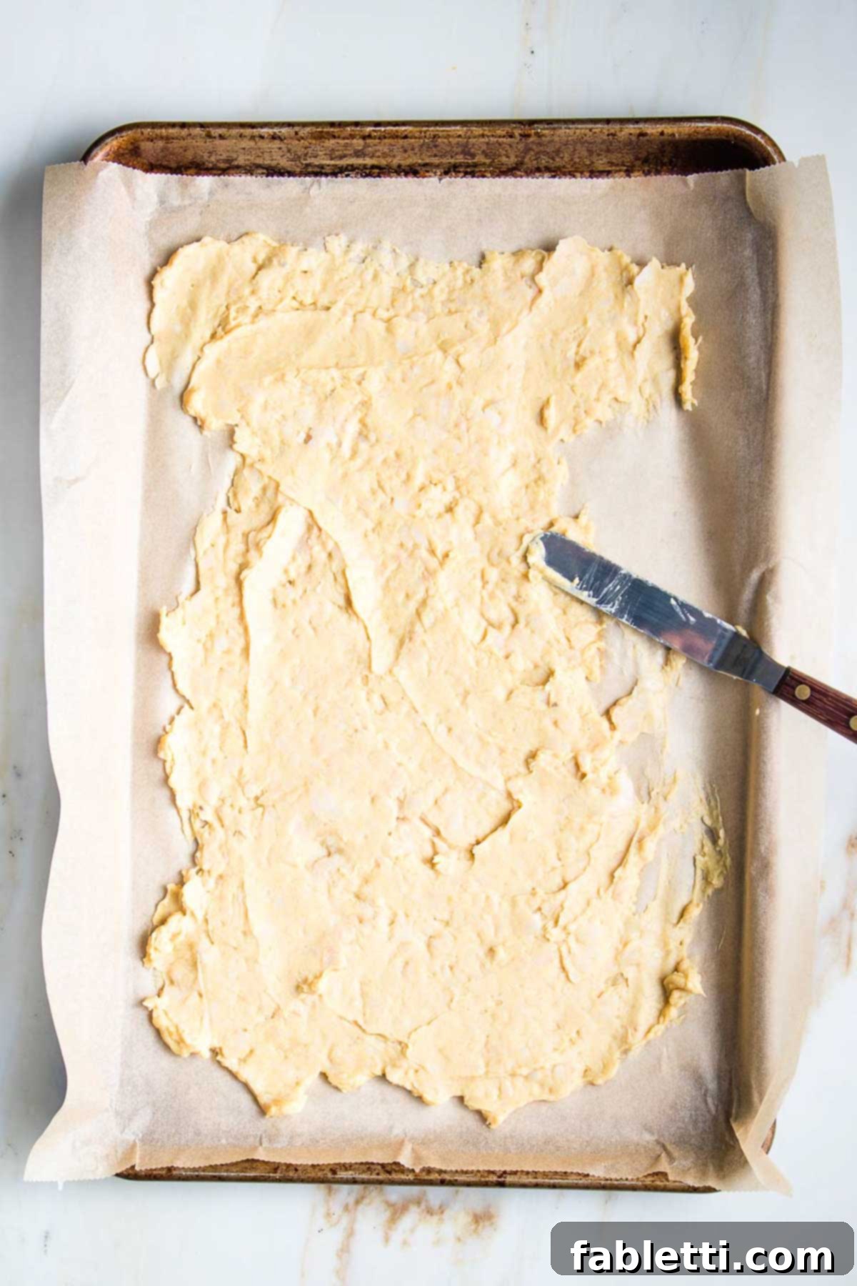 Zesty Vegan Elote 9 Offset spatula spreading bean paste onto baking sheet.