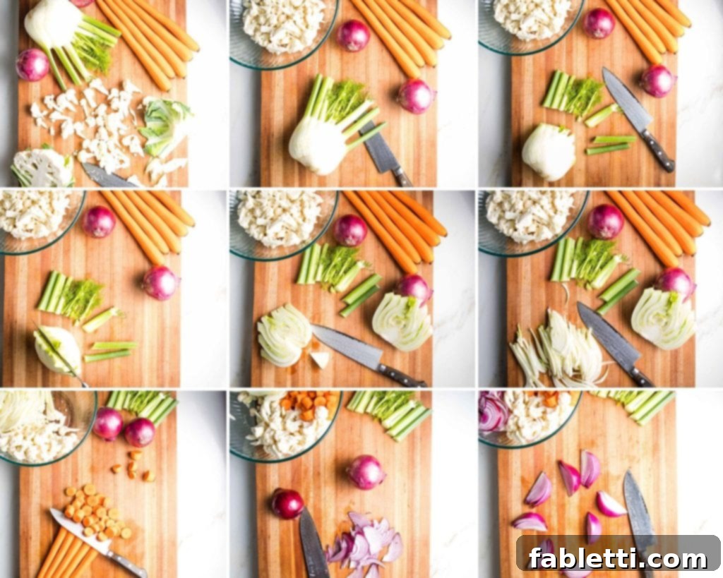 Flavorful Roasted Lentil and Vegetable Medley 5 Step by Step directions to trim and cut cauliflower, fennel, carrots and red onions for lentil salad with roasted vegetables.