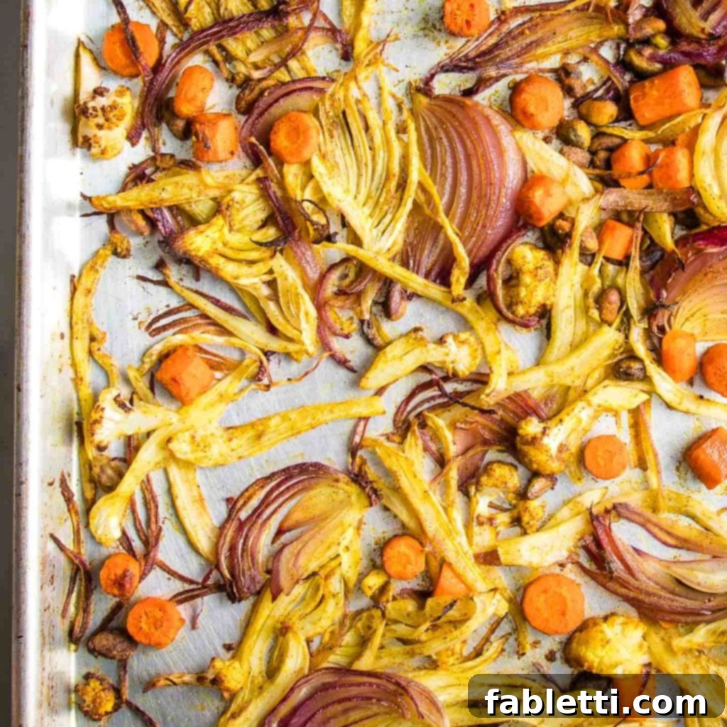 Flavorful Roasted Lentil and Vegetable Medley 6 Sheet Pan of roasted, caramelized fennel, onions, carrots, cauliflower plus pistachios.