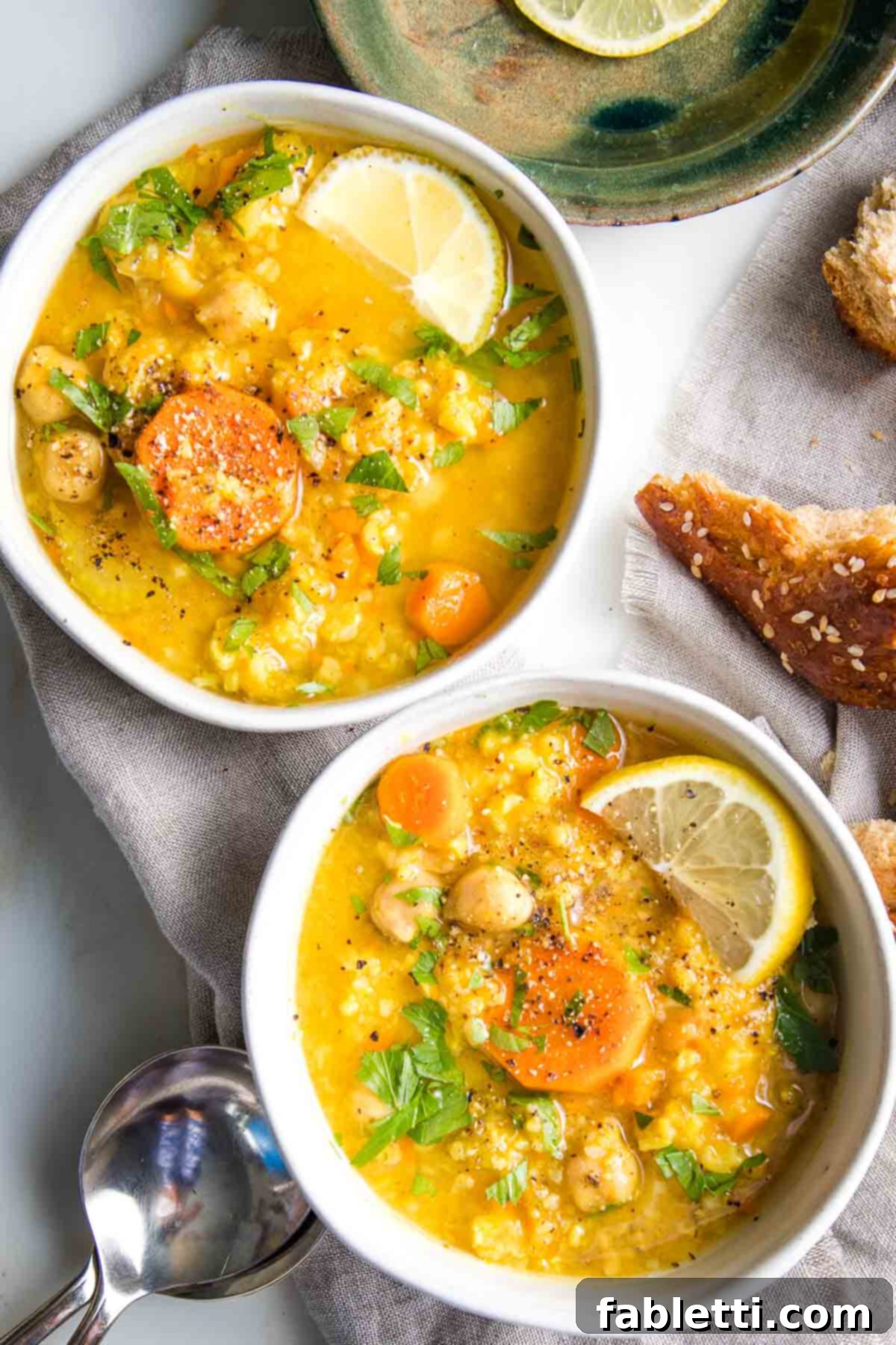 Zesty Vegan Lemon Chickpea Rice Soup 2 Two bowls of chunky chickpea, vegetable rice soup with lemon, garnished with fresh herbs.
