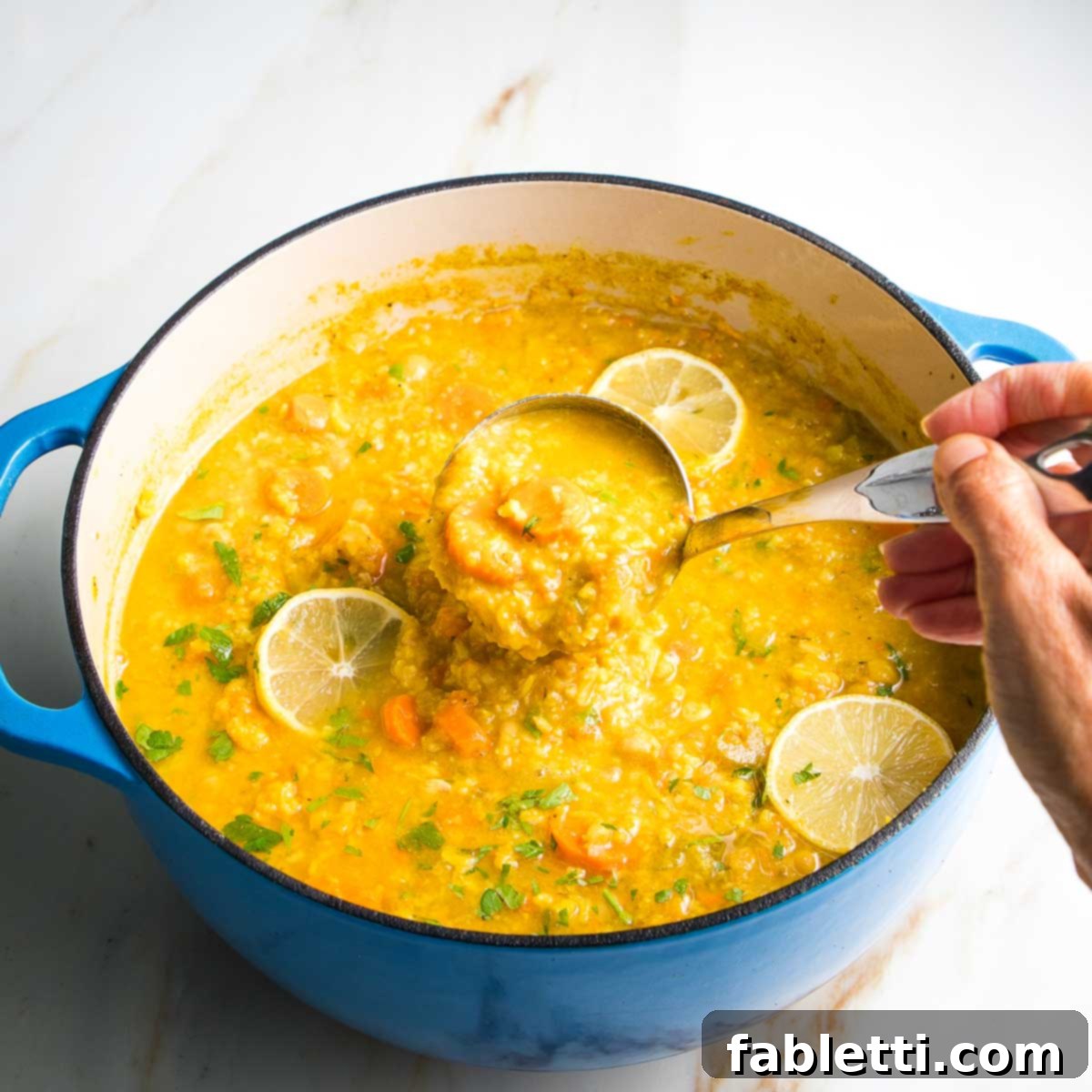 Zesty Vegan Lemon Chickpea Rice Soup 13 Dutch oven with chunky lemony rice soup in a ladle, showing texture.