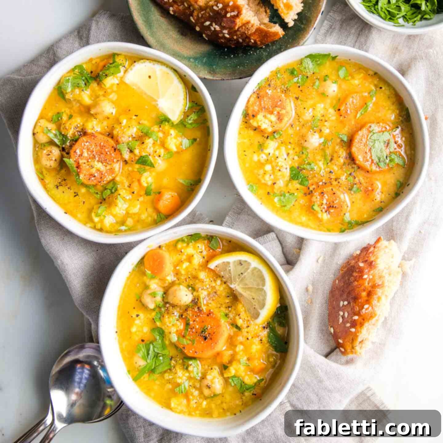 Zesty Vegan Lemon Chickpea Rice Soup 14 Three bowls of hearty chickpea, rice, lemon, and carrot soup, with crusty bread and spoons on a linen napkin.