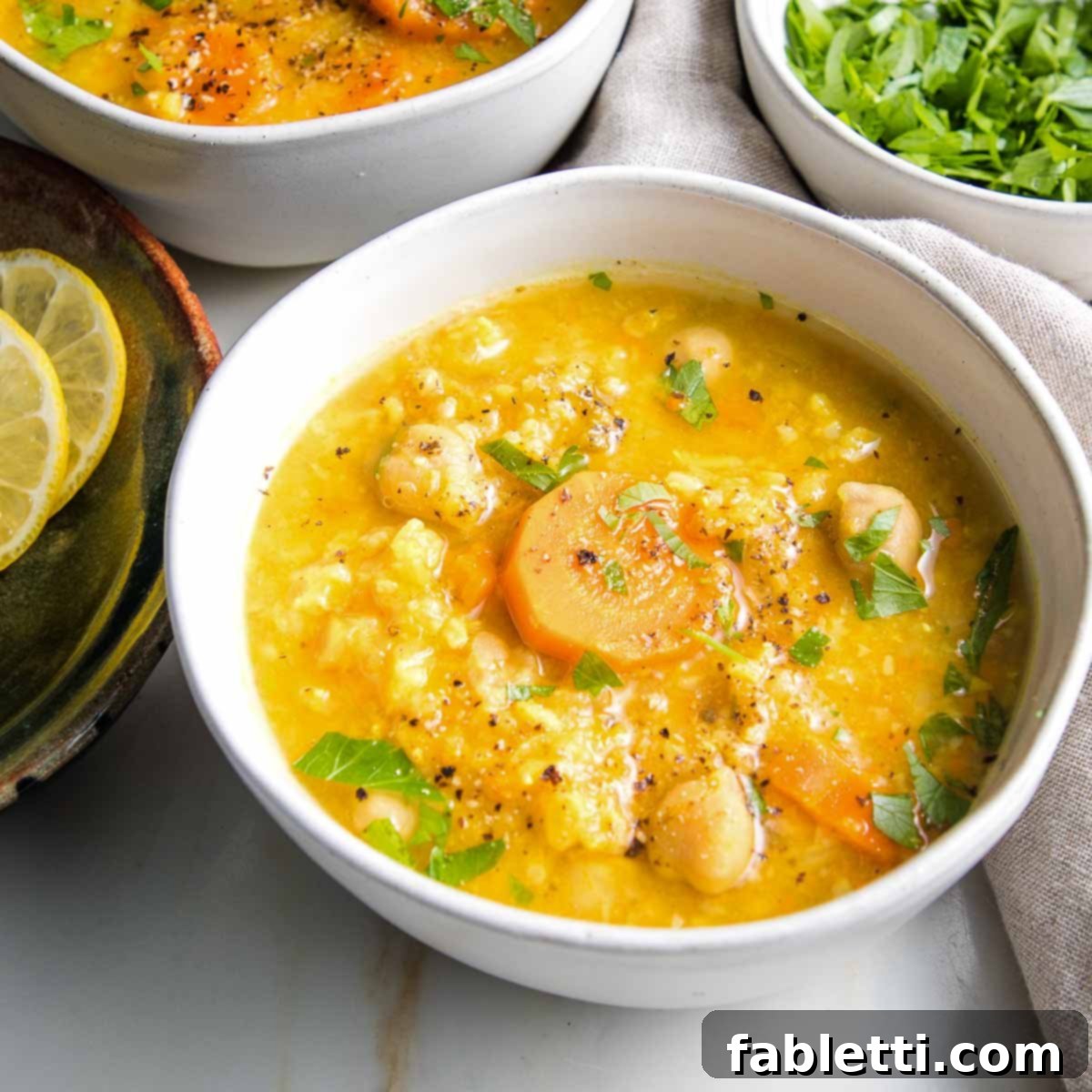 Zesty Vegan Lemon Chickpea Rice Soup 3 A white bowl filled with chunky chickpea rice soup, garnished with fresh parsley.