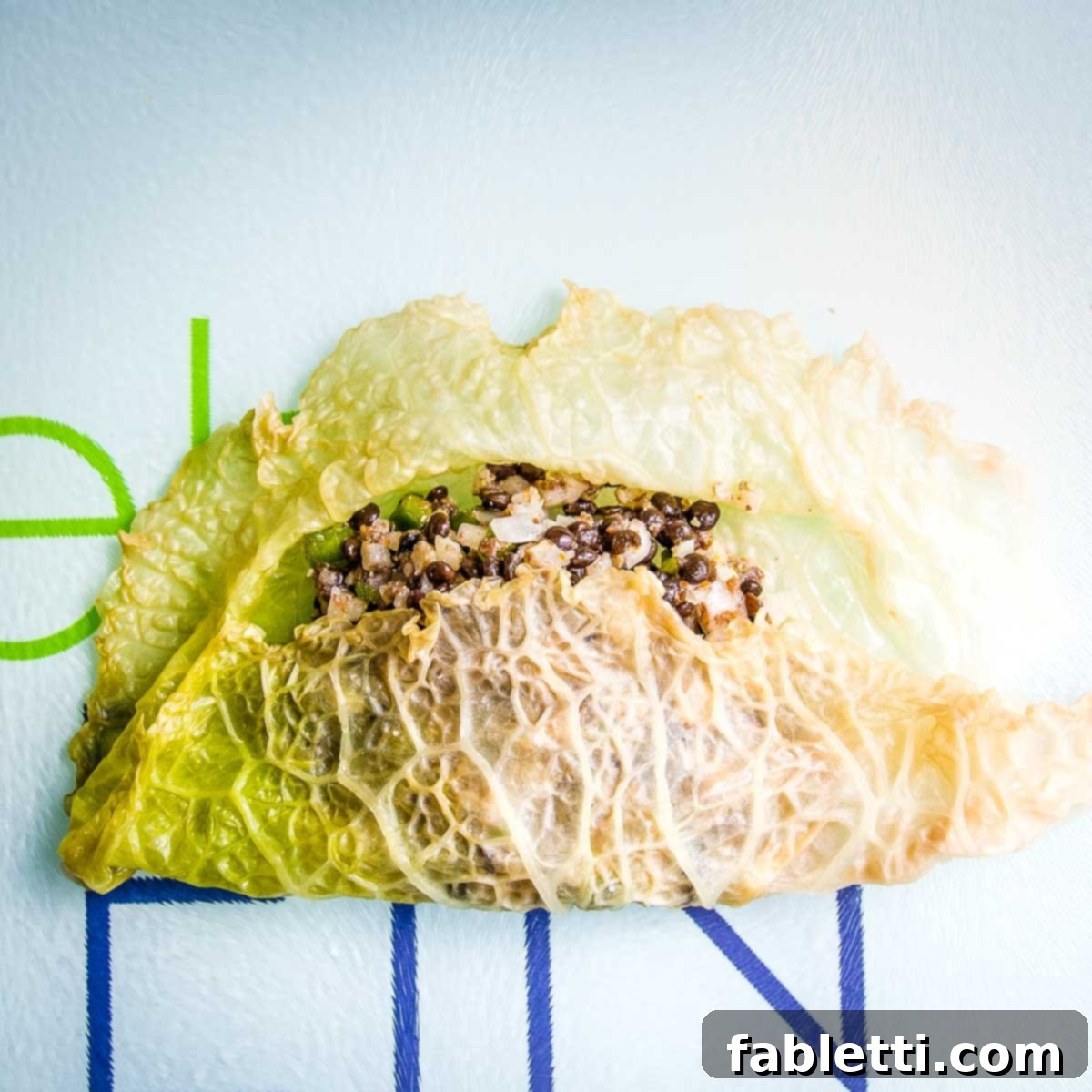Cabbage leaf with filling in center, bottom folded up half way.