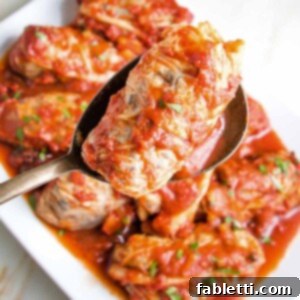Platter of stuffed cabbage rolls with tomato sauce and one up close.