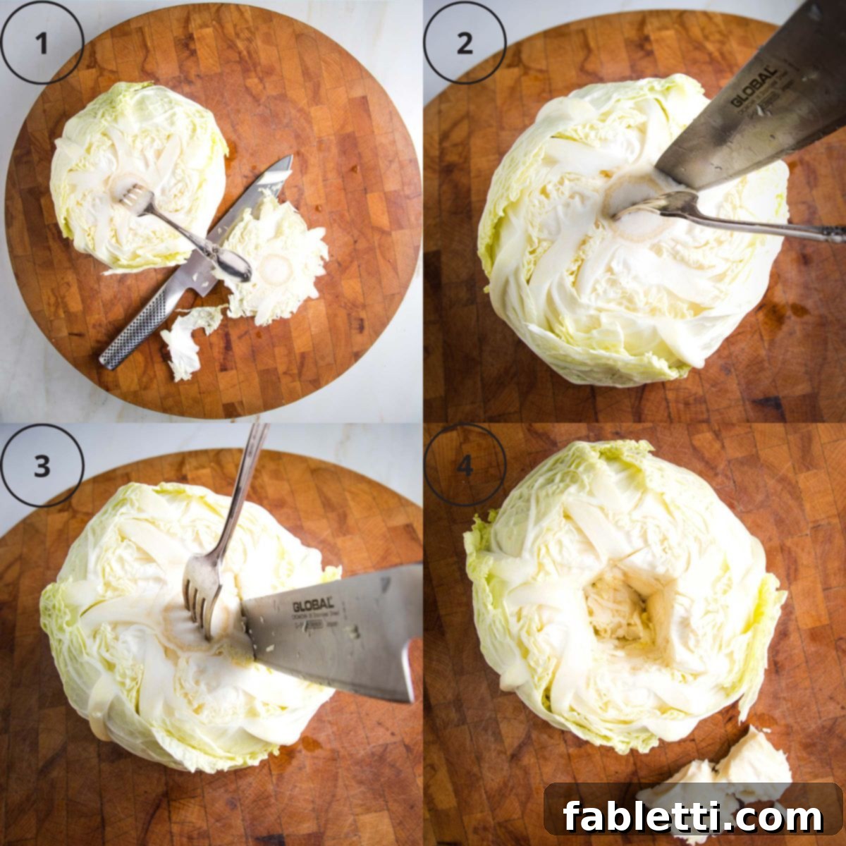4 steps to core a head of cabbage with a sharp knife.