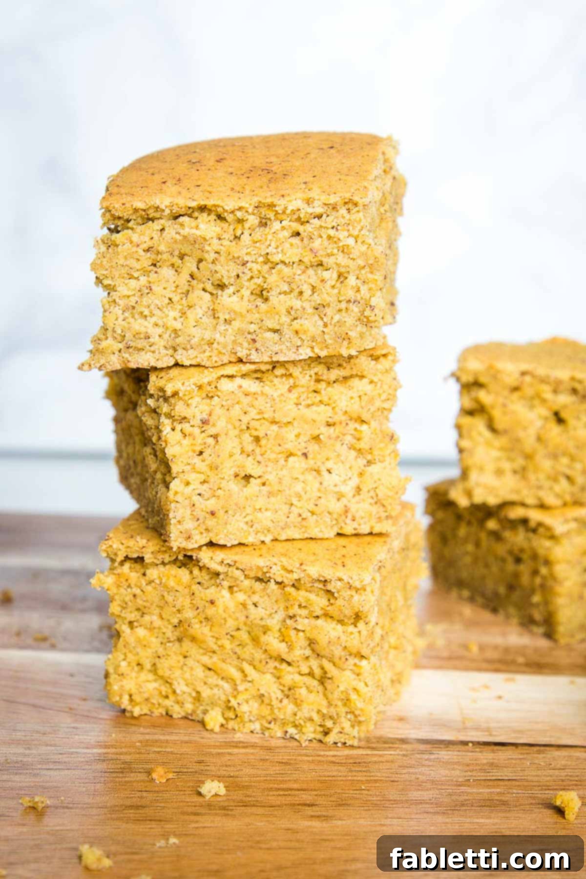 Double Corn Gluten-Free Vegan Cornbread 2 Three square pieces of golden-brown gluten-free vegan cornbread are stacked neatly, showcasing a moist interior and a slightly crisp edge. It looks inviting and perfectly baked.