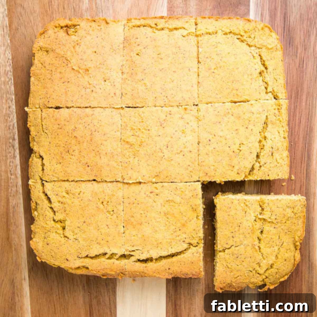 Double Corn Gluten-Free Vegan Cornbread 13 A perfectly baked square cornbread, cooled and sliced into large, uniform squares on a cutting board, ready to be served.