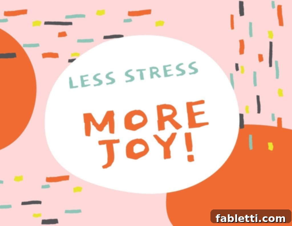 Unwrap a Healthier Holiday 5 Less Stress, More Joy! Graphic with pinks and oranges of geometric shapes.