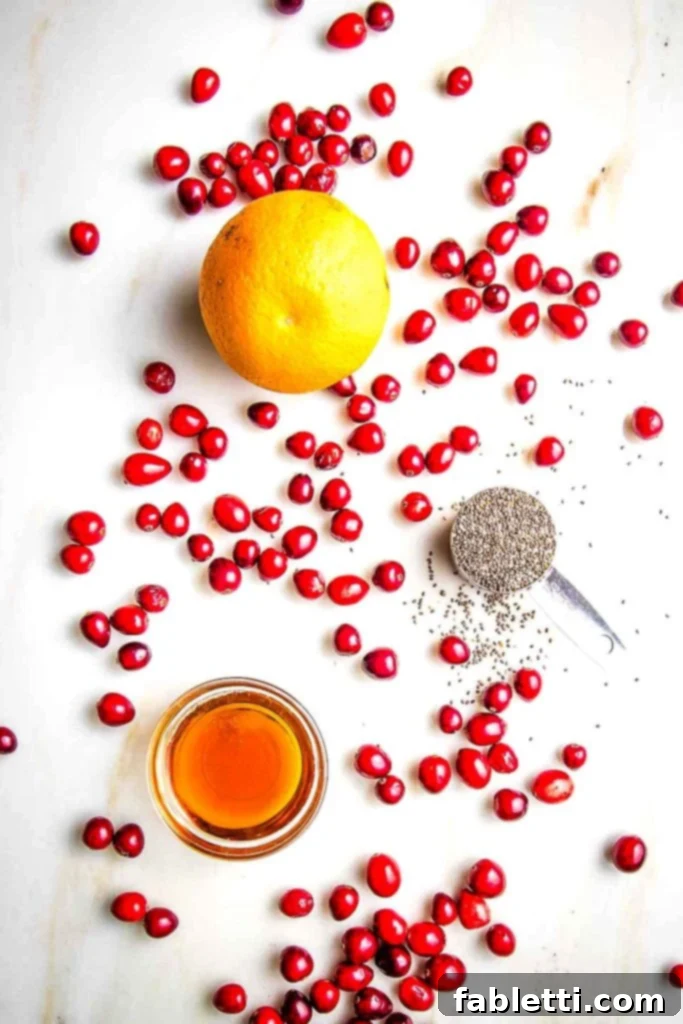 Naturally Sweetened Cranberry Chia Jam 3 Cranberries spread out on a counter along with an orange, a jar of maple syrup and a tablespoon on chia seeds.