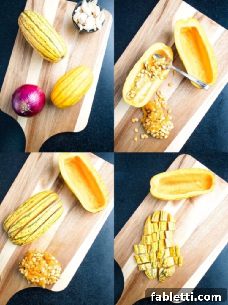 Effortless Plant-Based Flatbread 19 Delicata squash halved and scooped, ready for cubing.