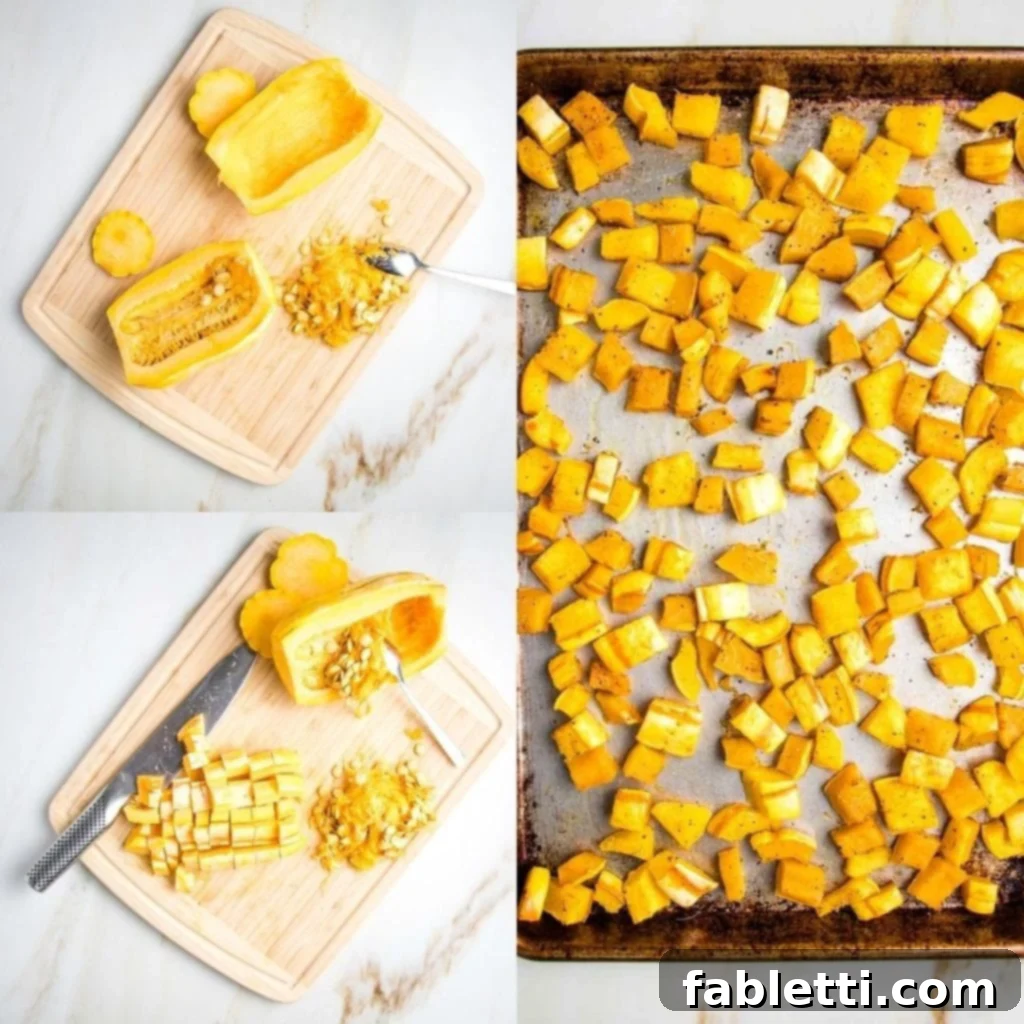 A three-panel photo showing the preparation of delicata squash. The first image on the left displays a whole delicata squash with its ends trimmed and halved, one half already scooped clean of seeds. The bottom-left image shows the halved squash with one half further cut into cubes. The large image on the right features the prepared delicata squash cubes perfectly roasted and spread in a single layer on a baking sheet, ready to be added to the salad.