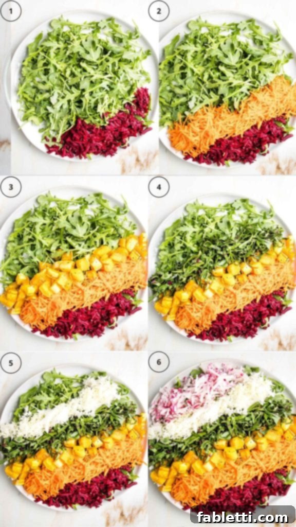A sequential series of images illustrating the step-by-step assembly of a Rainbow Salad. The process begins with a base layer of fresh greens in a white round bowl, followed by the gradual addition of shredded vegetables in colorful stripes. The final image shows a complete rainbow arrangement of shredded beets, purple cabbage, carrots, roasted cubed squash, thinly sliced beet greens, and radishes, creating a visually appealing and nutritious salad.