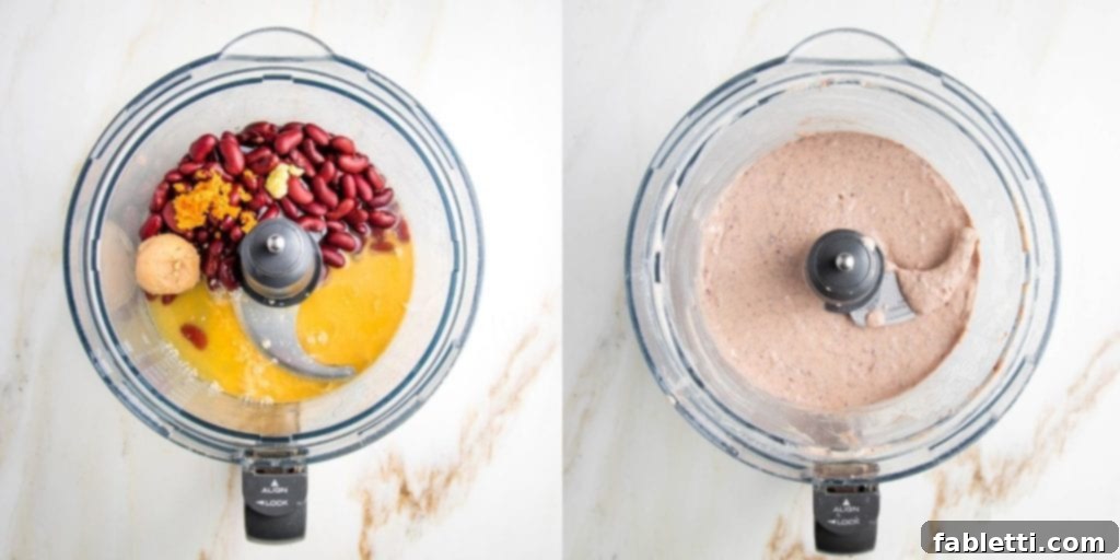 A two-panel image showing the preparation of the salad dressing. The left photo displays all the dressing ingredients, including red kidney beans, miso paste, apple cider vinegar, orange zest and juice, tahini, and grated garlic, assembled in a food processor bowl. The right photo shows the same ingredients after being thoroughly pureed into a smooth, creamy dressing within the food processor.