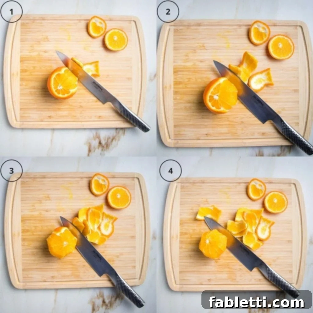 Frothy Orange Julius Delight 5 A peeled orange sits on a cutting board, ready for the blender, showcasing the smooth, vibrant flesh.