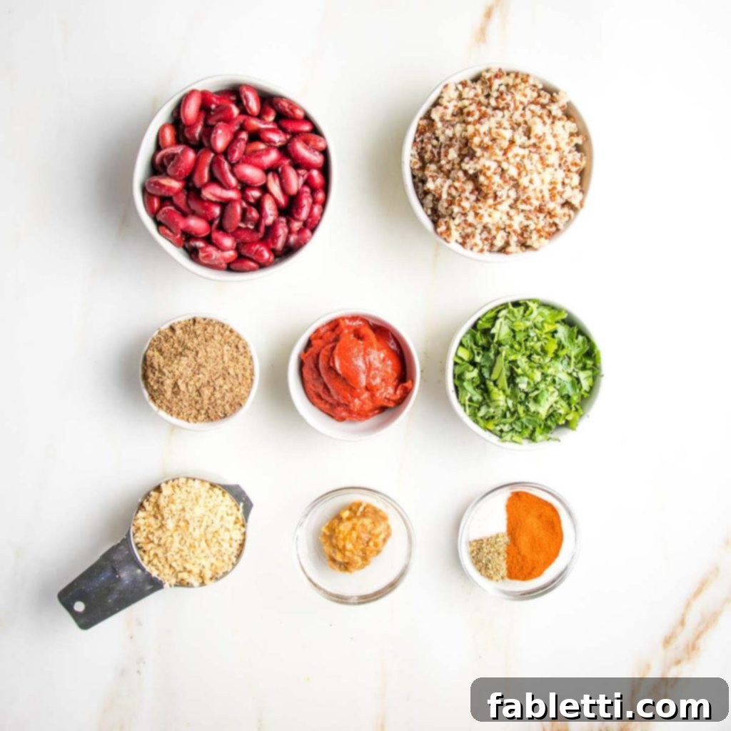 A vibrant flat lay of fresh ingredients for quinoa veggie burgers: a bowl of cooked quinoa, a can of kidney beans, a bunch of fresh parsley, a small container of tomato paste, a jar of miso paste, ground flaxseed, and a scattering of whole walnuts and paprika.