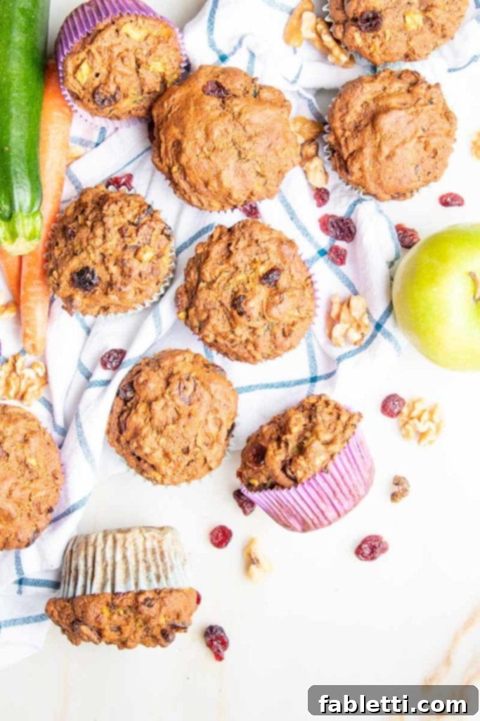 Freshly baked Morning Glory Muffins tumbled onto a white dish towel with blue pattern. Surrounding them are ingredients like a zucchini, two carrots, a green apple, walnuts, and dried cranberries, emphasizing their natural goodness.