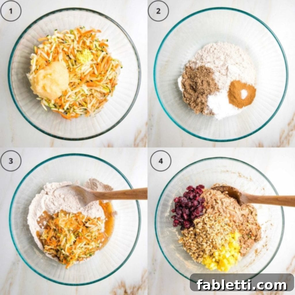 A four-panel image demonstrating the process of making Morning Glory Muffin batter. From left to right: 1. Mixing wet ingredients and shredded vegetables. 2. Combining dry ingredients. 3. Blending wet and dry ingredients. 4. Gently folding in dried cranberries, chopped walnuts, and diced frozen pineapple.