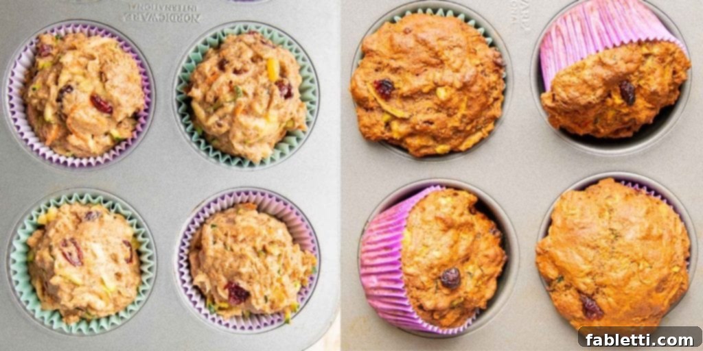 A comparison of four Morning Glory Muffins in their tins, showing the batter before baking on the left and the beautifully risen, golden-brown muffins after baking on the right, highlighting their perfect transformation.