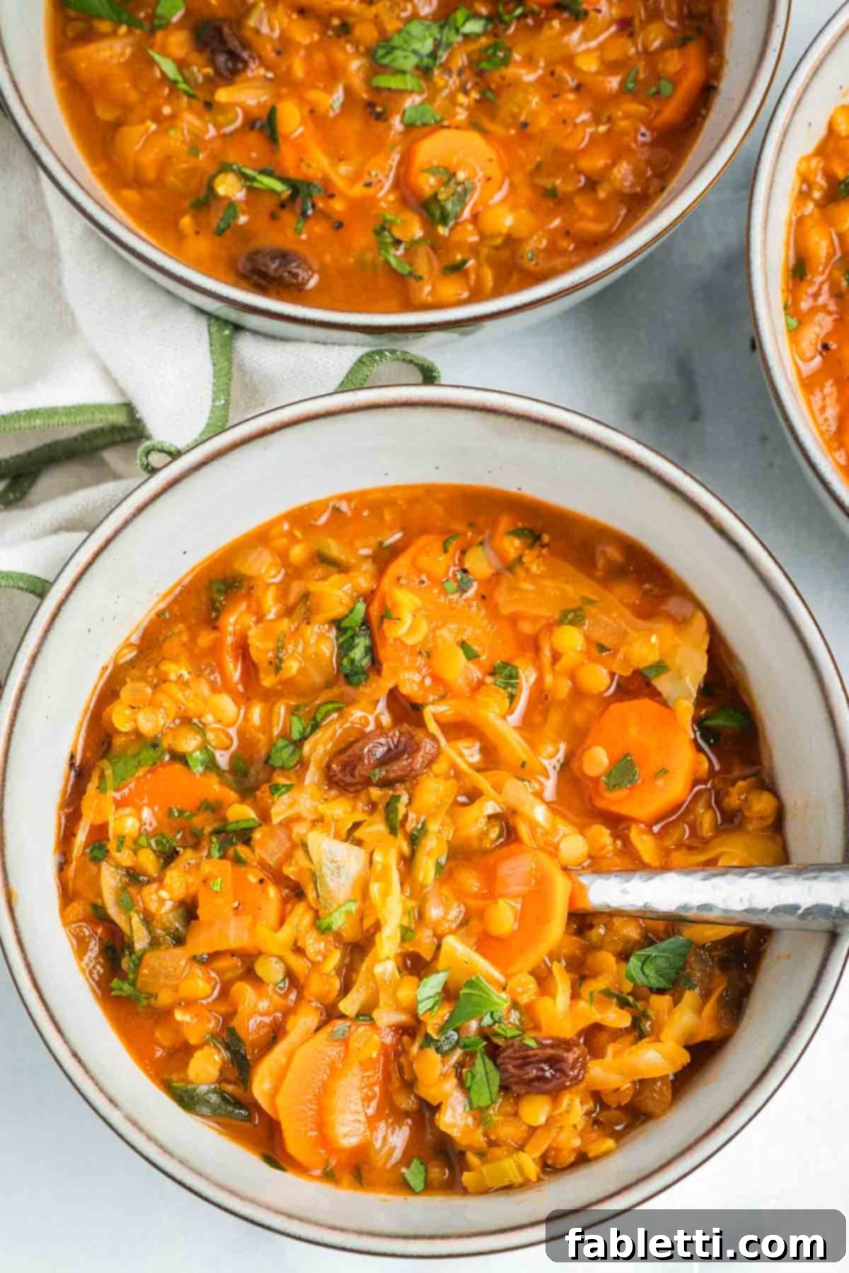 Tangy Vegan Cabbage Soup 2 A vibrant bowl of sweet and sour vegan cabbage soup, showcasing the rich tomato base, chunky vegetables, red lentils, raisins, and fresh parsley.