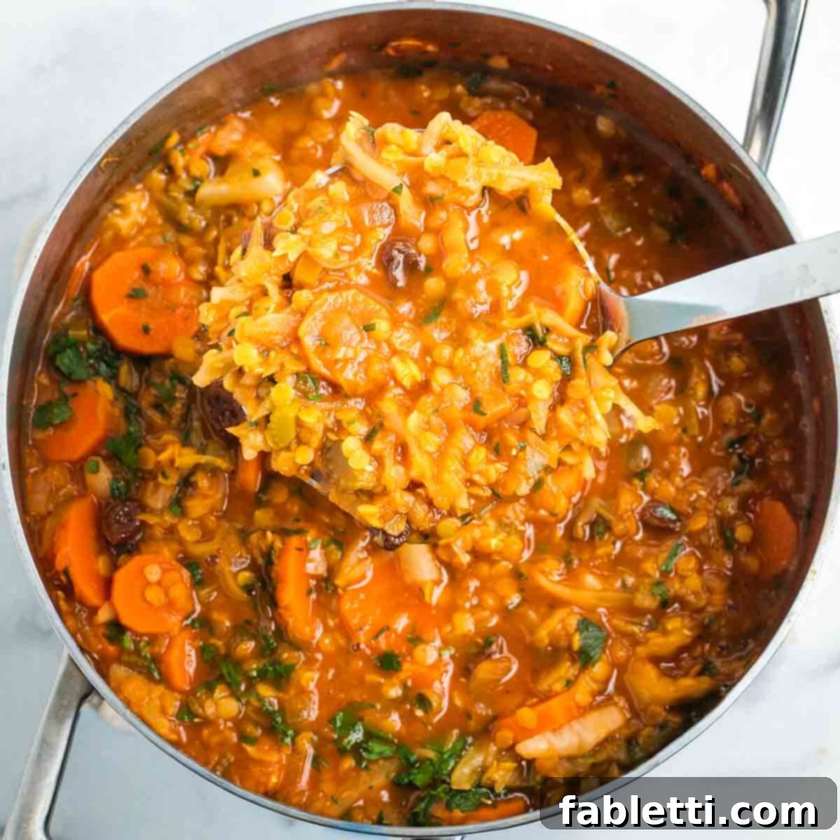 Tangy Vegan Cabbage Soup 15 A close-up of the chunky vegetables and red lentils in the tomato-based soup.