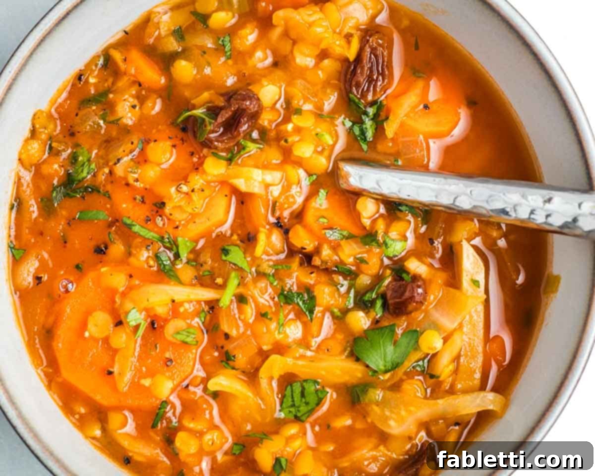 Tangy Vegan Cabbage Soup 17 An overhead shot of the finished soup, highlighting the brothy tomato base, cabbage, raisins, carrots, lentils, and fresh parsley.