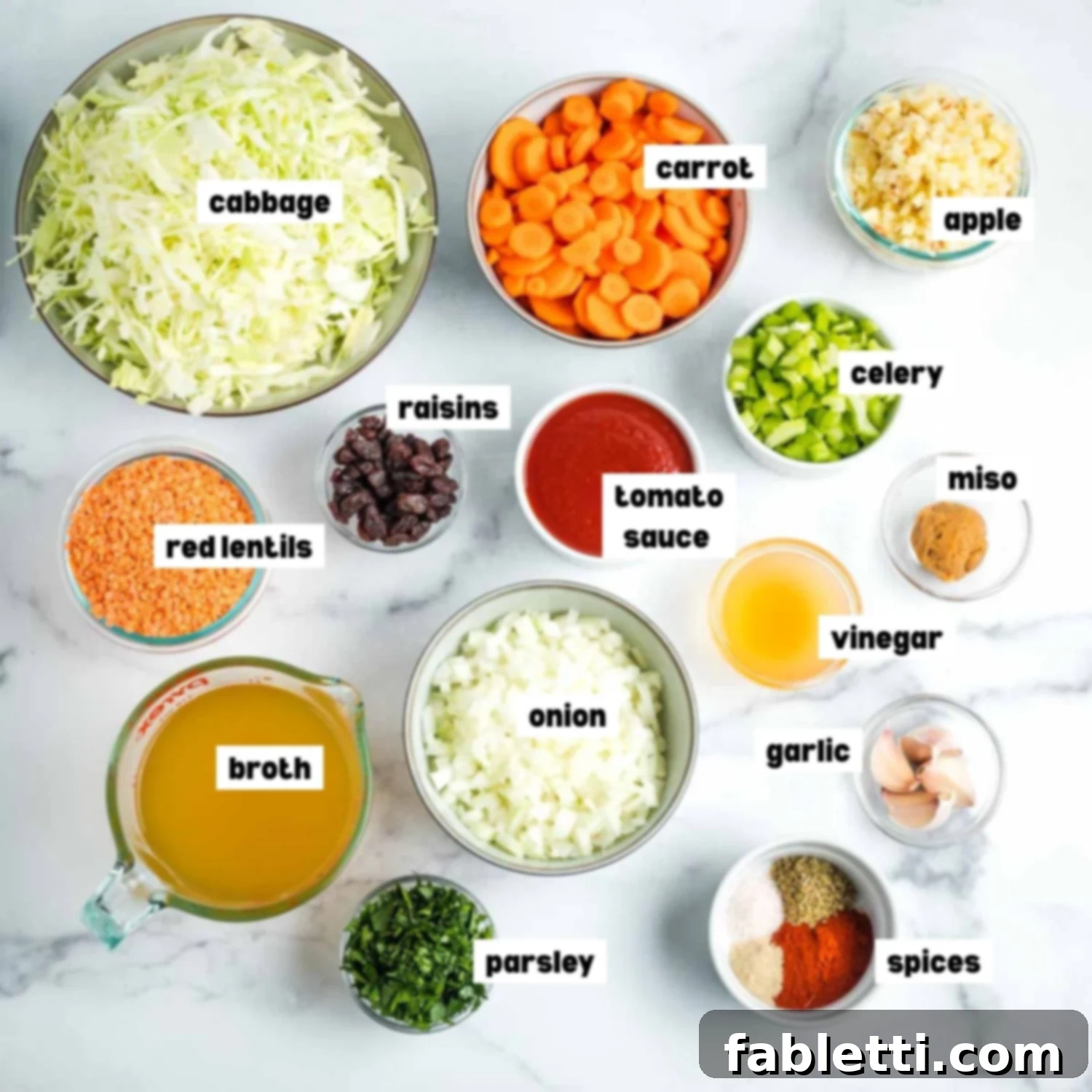 Tangy Vegan Cabbage Soup 3 A visual guide showcasing the fresh ingredients used in the soup: cabbage, carrots, apples, lentils, raisins, tomato sauce, celery, onion, parsley, spices, garlic, miso, vinegar, and broth.