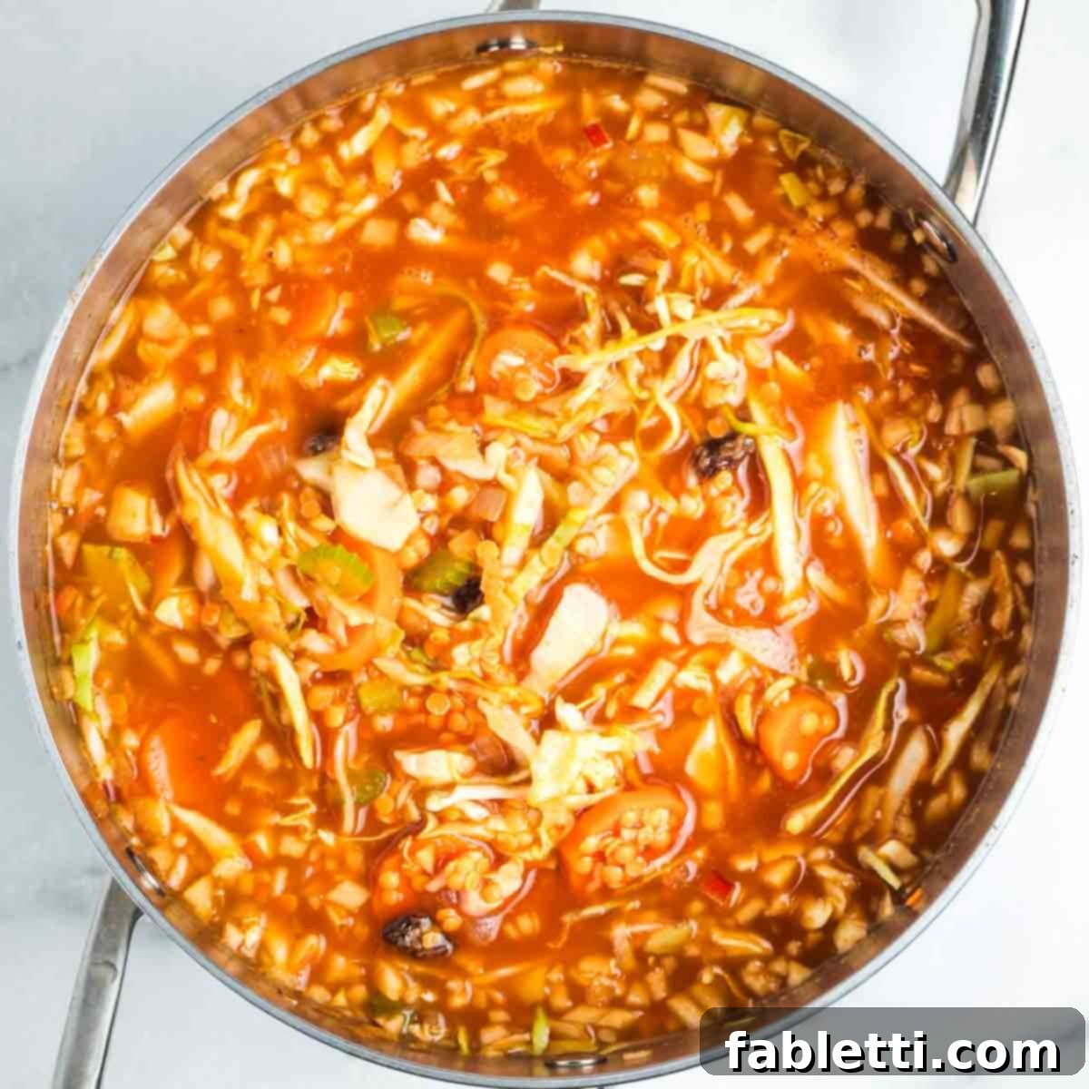 Tangy Vegan Cabbage Soup 9 Cabbage cooking in a flavorful tomato broth with vegetables and raisins.