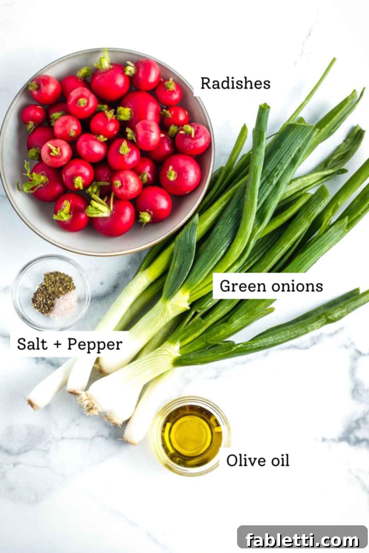 Roasted Radishes with Pistachio-Parsley Drizzle 3 Radishes, scallions, salt and pepper plus olive oil labeled ingredients shot.